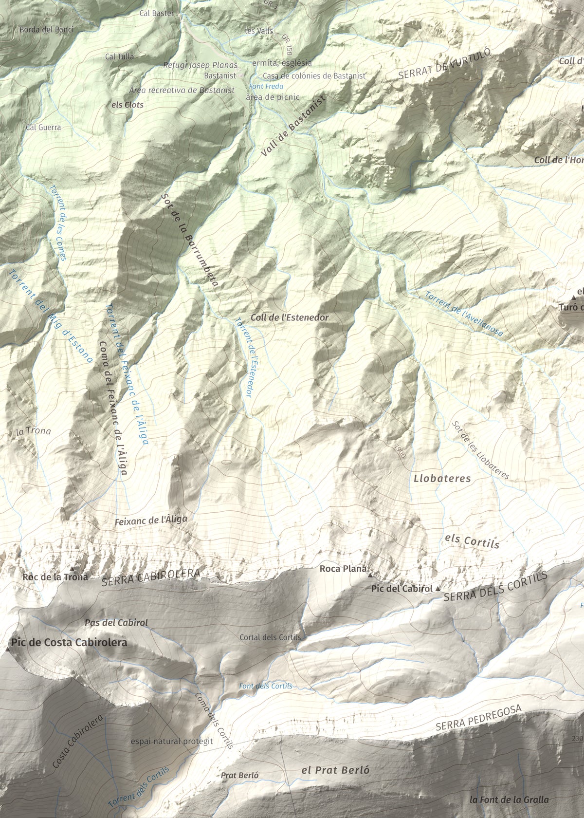 Mapa de relieve de Roca Gran, 2088 m, Cerdanya, lámina 100 Cims de Trobart. Detalle de la zona inferior izquierda. 50 × 70 cm.