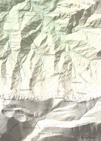 Mapa de relieve de Roca Gran, 2088 m, Cerdanya, lámina 100 Cims de Trobart. Detalle de la zona inferior izquierda. 50 × 70 cm.