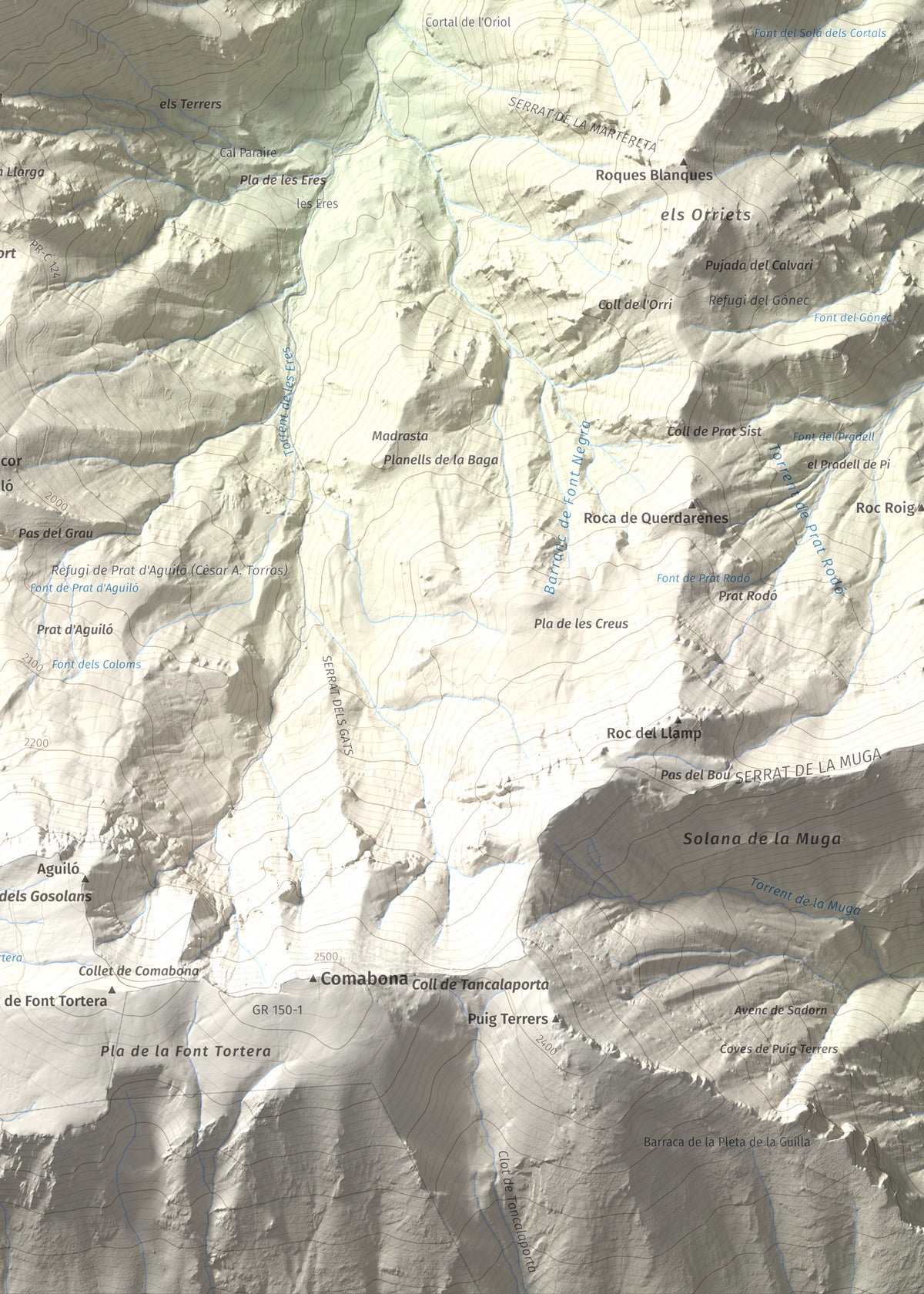 Mapa de relieve de Roca Gran, 2088 m, Cerdanya, lámina 100 Cims de Trobart. Detalle de la zona inferior derecha. 50 × 70 cm.