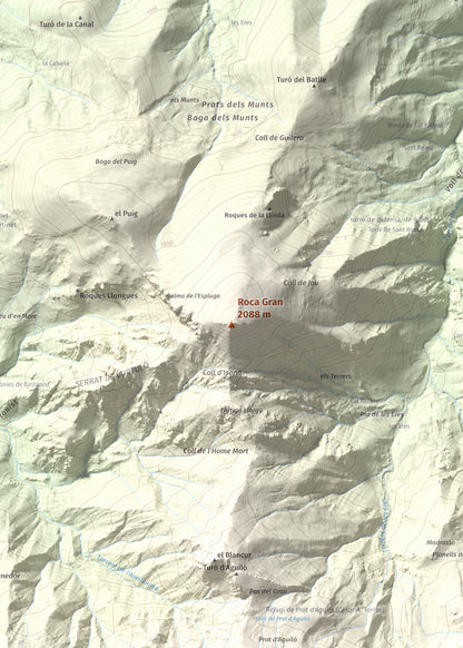 Mapa de relieve de Roca Gran, 2088 m, Cerdanya, lámina 100 Cims de Trobart. Detalle de la zona central. 50 × 70 cm.