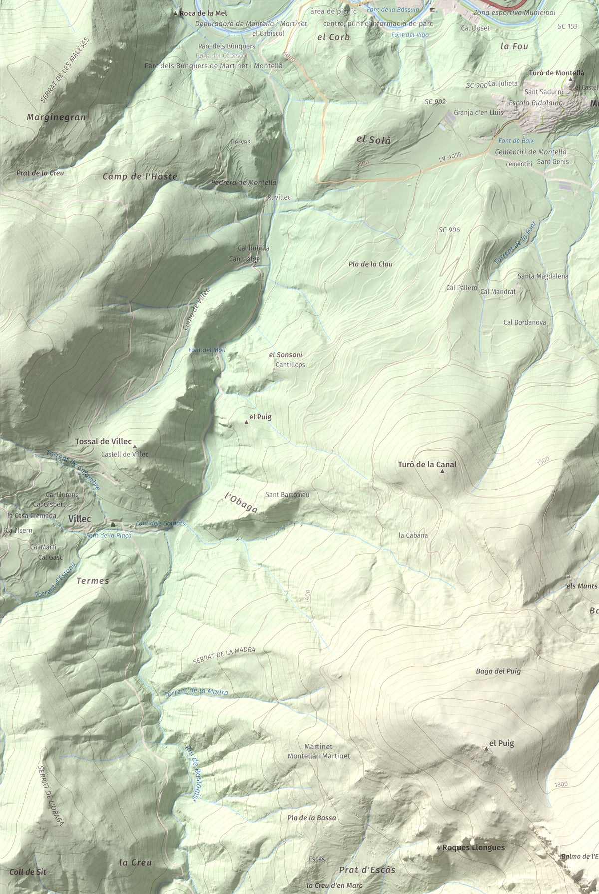 Mapa de relieve de Roca Gran, 2088 m, Cerdanya, lámina 100 Cims de Trobart. Detalle de la zona superior izquierda. 61 × 91 cm.