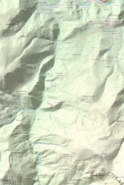 Mapa de relieve de Roca Gran, 2088 m, Cerdanya, lámina 100 Cims de Trobart. Detalle de la zona superior izquierda. 61 × 91 cm.