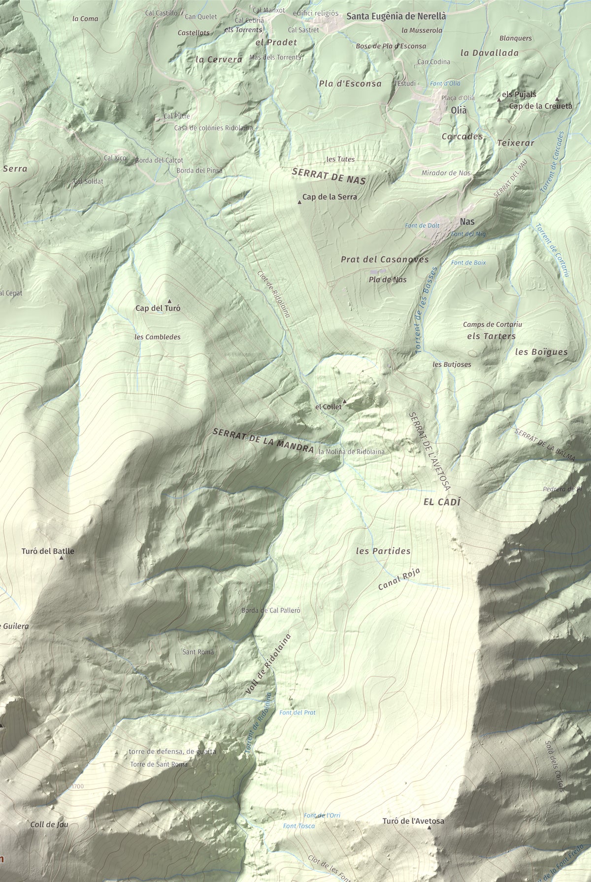 Mapa de relieve de Roca Gran, 2088 m, Cerdanya, lámina 100 Cims de Trobart. Detalle de la zona superior derecha. 61 × 91 cm.