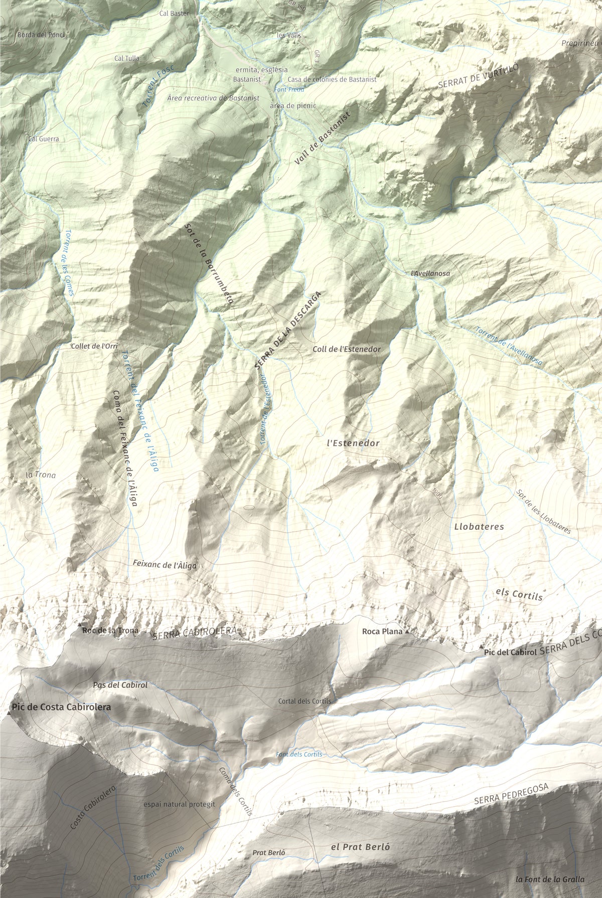 Mapa de relieve de Roca Gran, 2088 m, Cerdanya, lámina 100 Cims de Trobart. Detalle de la zona inferior izquierda. 61 × 91 cm.