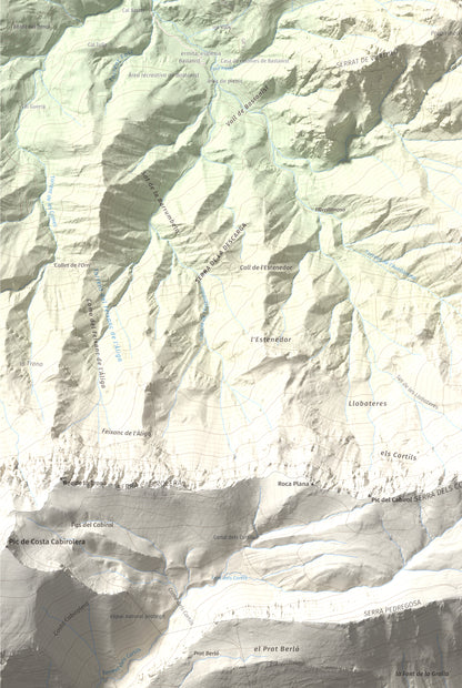Mapa de relieve de Roca Gran, 2088 m, Cerdanya, lámina 100 Cims de Trobart. Detalle de la zona inferior izquierda. 61 × 91 cm.