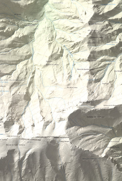 Mapa de relieve de Roca Gran, 2088 m, Cerdanya, lámina 100 Cims de Trobart. Detalle de la zona inferior derecha. 61 × 91 cm.