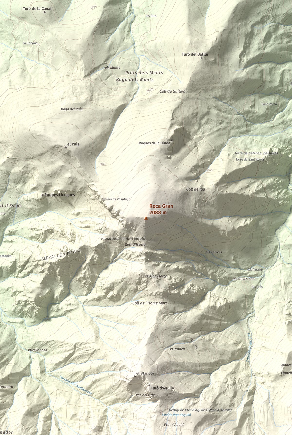 Mapa de relieve de Roca Gran, 2088 m, Cerdanya, lámina 100 Cims de Trobart. Detalle de la zona central. 61 × 91 cm.
