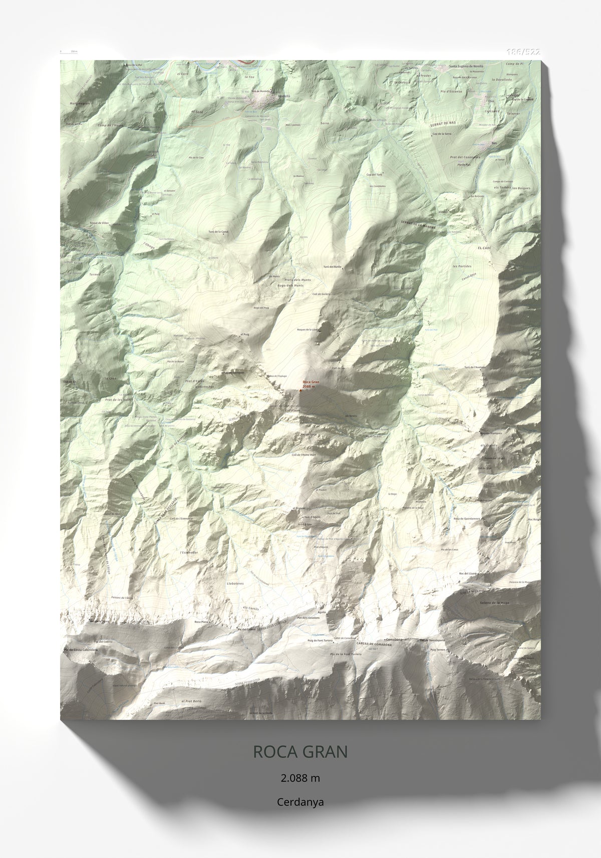 Mapa de relieve de Roca Gran, 2088 m, Cerdanya, lámina 100 Cims de Trobart 70 × 100 cm.