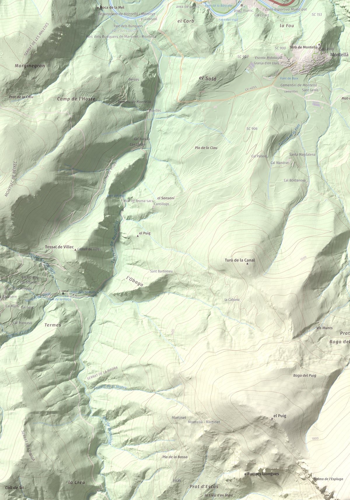 Mapa de relieve de Roca Gran, 2088 m, Cerdanya, lámina 100 Cims de Trobart. Detalle de la zona superior izquierda. 70 × 100 cm.