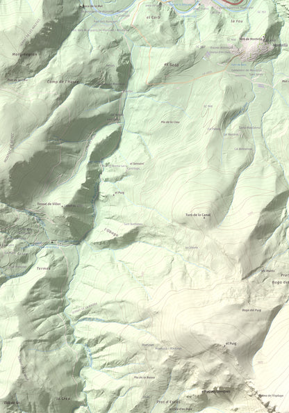 Mapa de relieve de Roca Gran, 2088 m, Cerdanya, lámina 100 Cims de Trobart. Detalle de la zona superior izquierda. 70 × 100 cm.