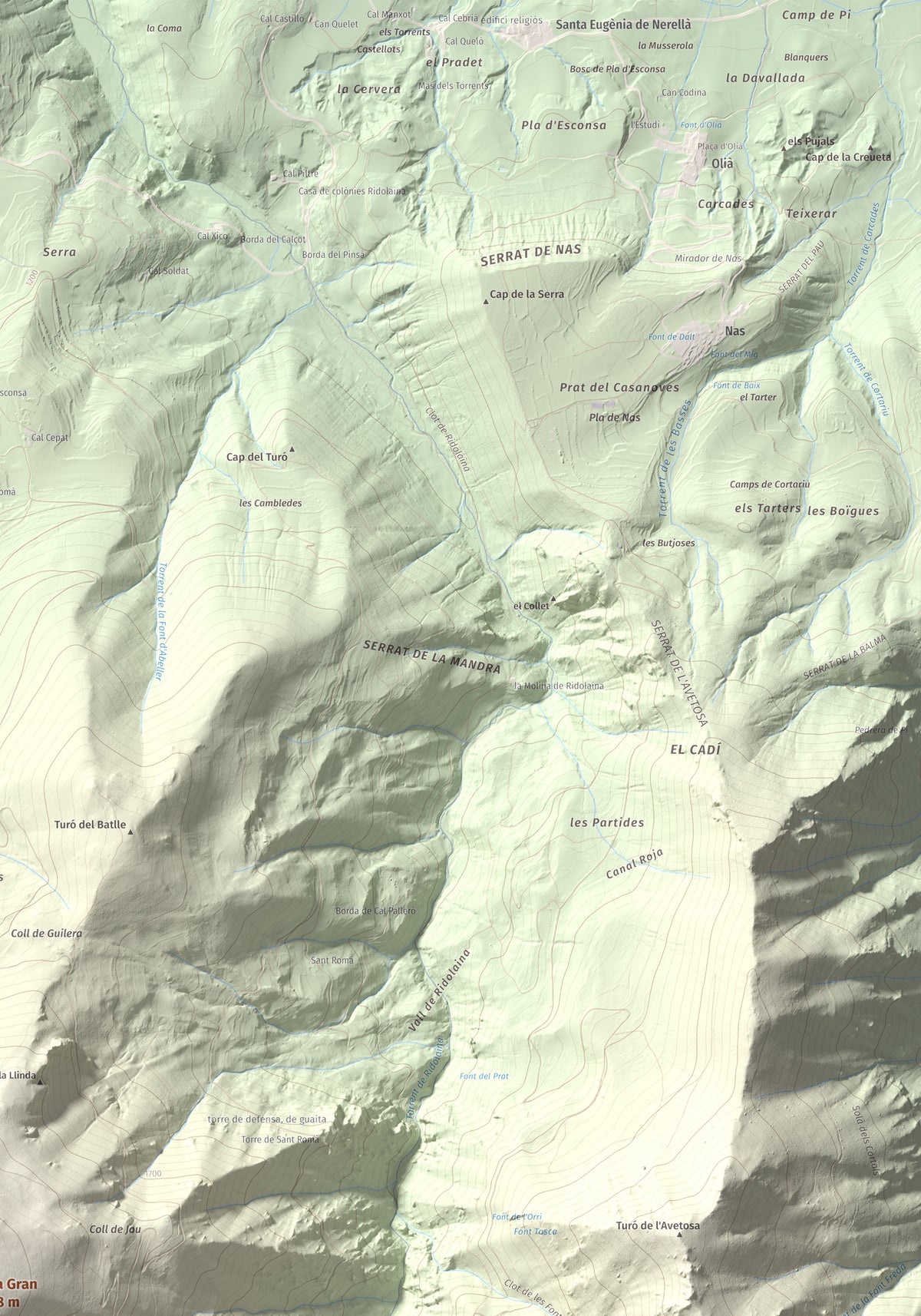 Mapa de relieve de Roca Gran, 2088 m, Cerdanya, lámina 100 Cims de Trobart. Detalle de la zona superior derecha. 70 × 100 cm.