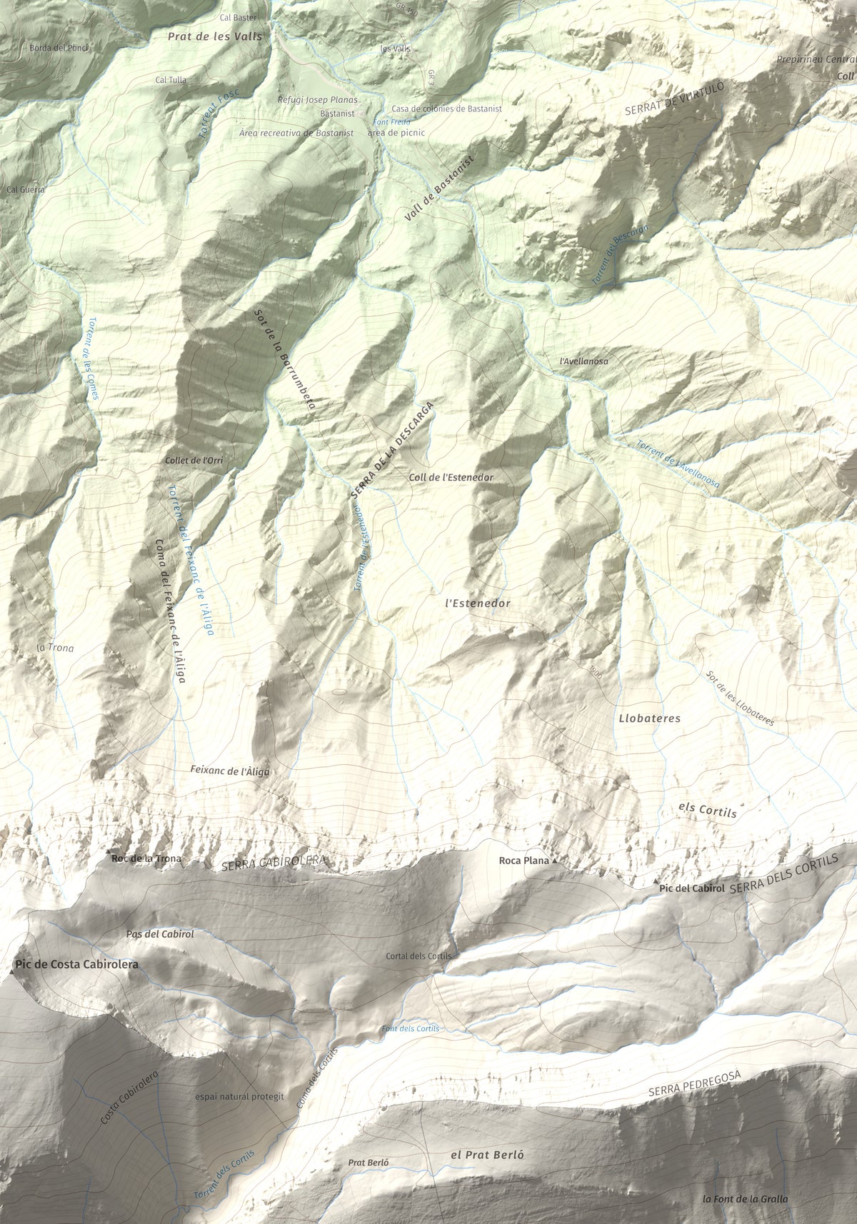 Mapa de relieve de Roca Gran, 2088 m, Cerdanya, lámina 100 Cims de Trobart. Detalle de la zona inferior izquierda. 70 × 100 cm.