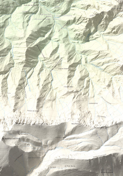 Mapa de relieve de Roca Gran, 2088 m, Cerdanya, lámina 100 Cims de Trobart. Detalle de la zona inferior izquierda. 70 × 100 cm.