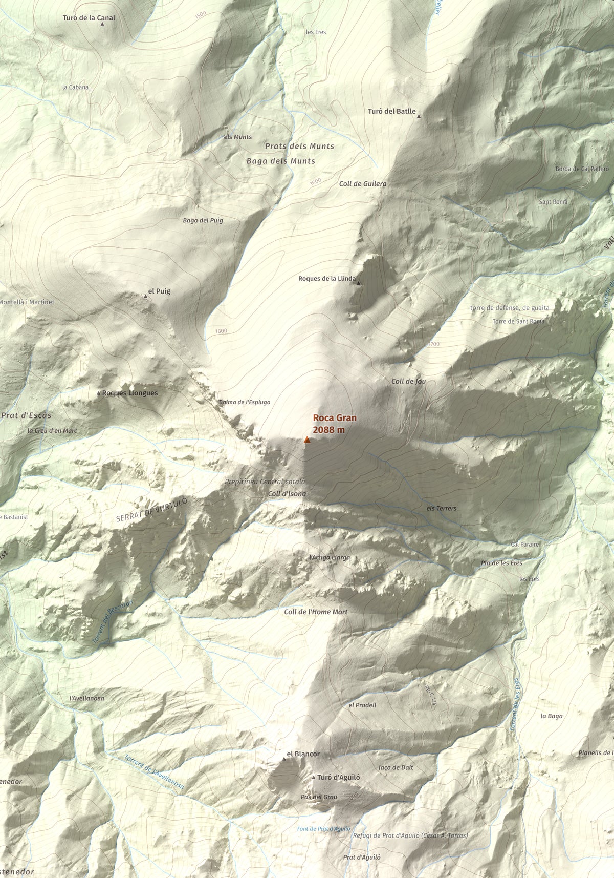 Mapa de relieve de Roca Gran, 2088 m, Cerdanya, lámina 100 Cims de Trobart. Detalle de la zona central. 70 × 100 cm.