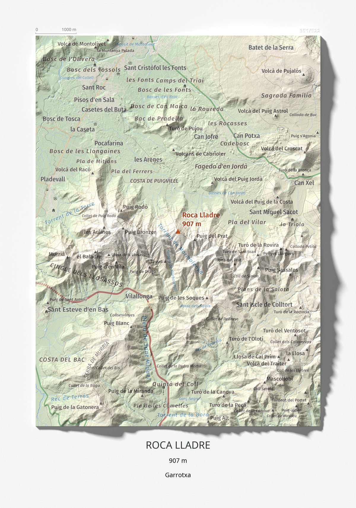 Mapa de relieve de Roca Lladre, 907 m, Garrotxa, lámina 100 Cims de Trobart 21 × 30 cm.