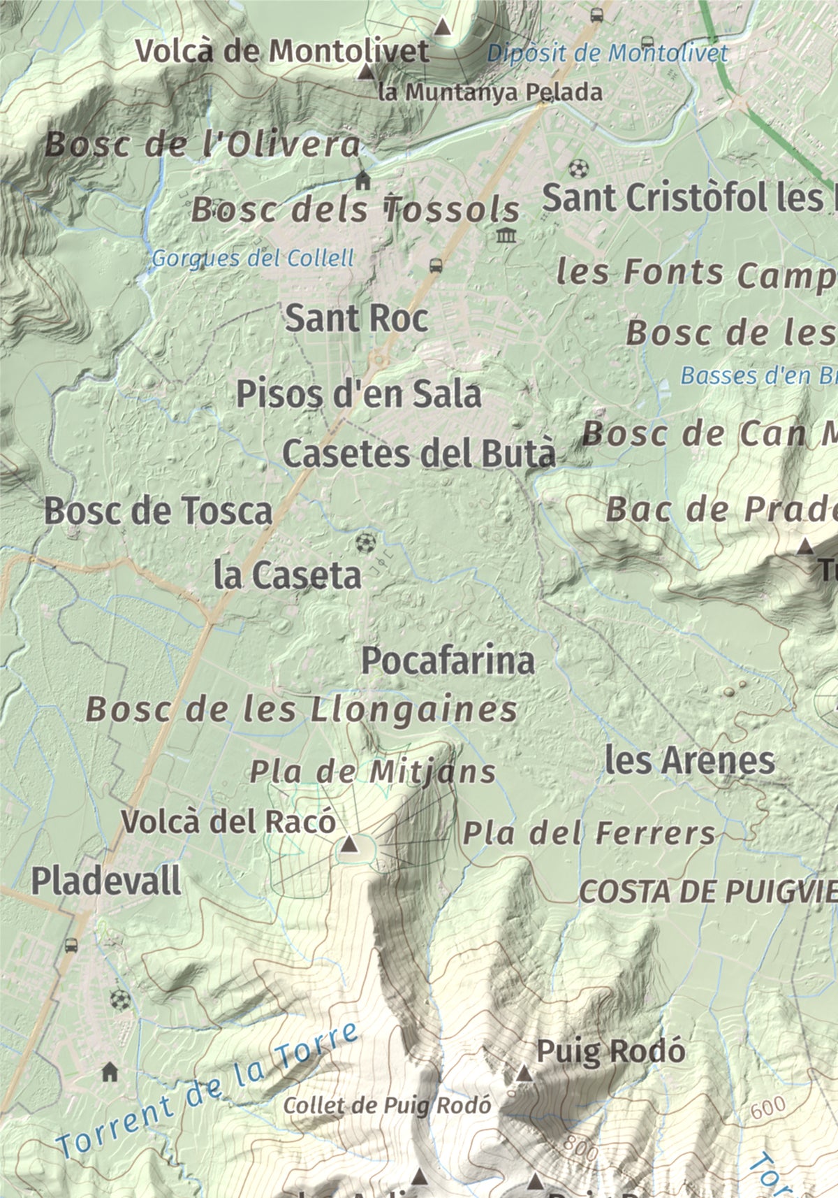 Mapa de relieve de Roca Lladre, 907 m, Garrotxa, lámina 100 Cims de Trobart. Detalle de la zona superior izquierda. 21 × 30 cm.