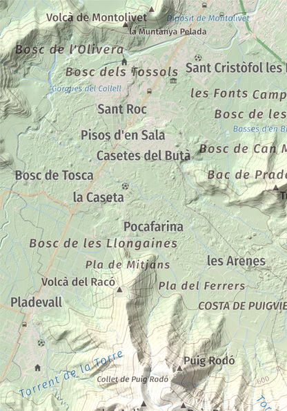 Mapa de relieve de Roca Lladre, 907 m, Garrotxa, lámina 100 Cims de Trobart. Detalle de la zona superior izquierda. 21 × 30 cm.
