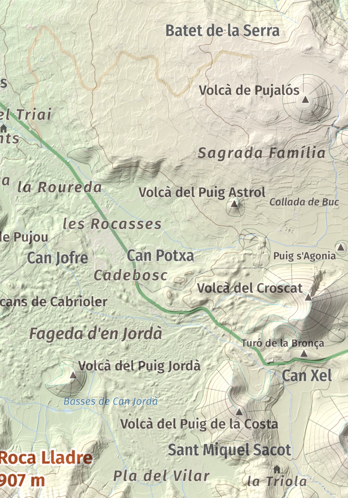 Mapa de relieve de Roca Lladre, 907 m, Garrotxa, lámina 100 Cims de Trobart. Detalle de la zona superior derecha. 21 × 30 cm.
