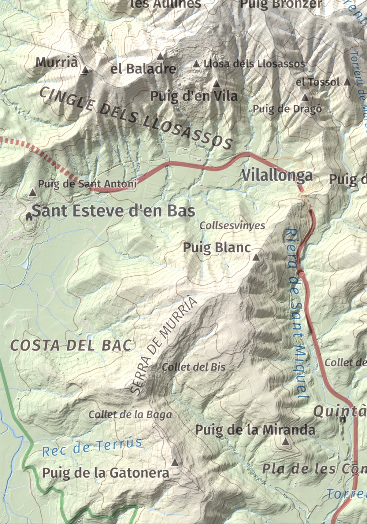 Mapa de relieve de Roca Lladre, 907 m, Garrotxa, lámina 100 Cims de Trobart. Detalle de la zona inferior izquierda. 21 × 30 cm.