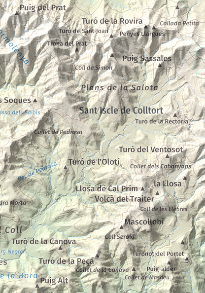Mapa de relieve de Roca Lladre, 907 m, Garrotxa, lámina 100 Cims de Trobart. Detalle de la zona inferior derecha. 21 × 30 cm.