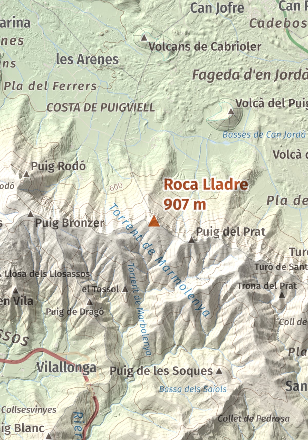 Mapa de relieve de Roca Lladre, 907 m, Garrotxa, lámina 100 Cims de Trobart. Detalle de la zona central. 21 × 30 cm.