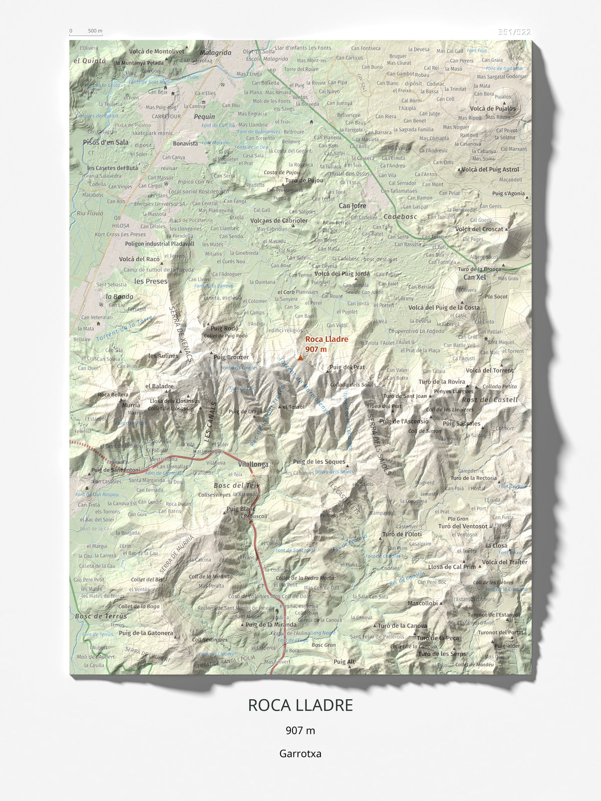 Mapa de relieve de Roca Lladre, 907 m, Garrotxa, lámina 100 Cims de Trobart 30 × 40 cm.