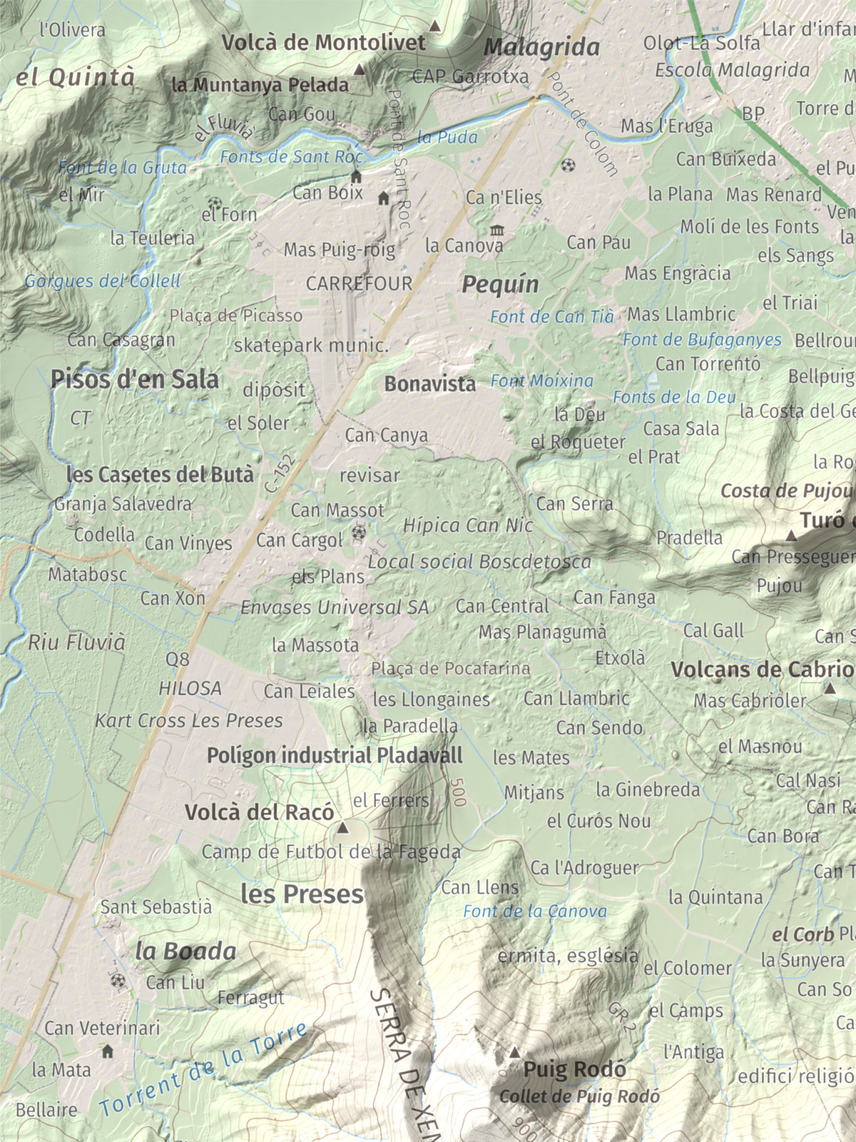 Mapa de relieve de Roca Lladre, 907 m, Garrotxa, lámina 100 Cims de Trobart. Detalle de la zona superior izquierda. 30 × 40 cm.