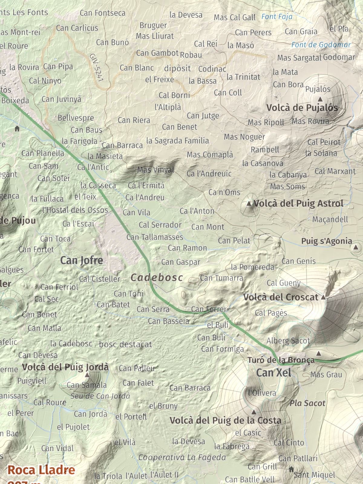 Mapa de relieve de Roca Lladre, 907 m, Garrotxa, lámina 100 Cims de Trobart. Detalle de la zona superior derecha. 30 × 40 cm.