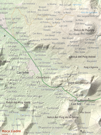Mapa de relieve de Roca Lladre, 907 m, Garrotxa, lámina 100 Cims de Trobart. Detalle de la zona superior derecha. 30 × 40 cm.