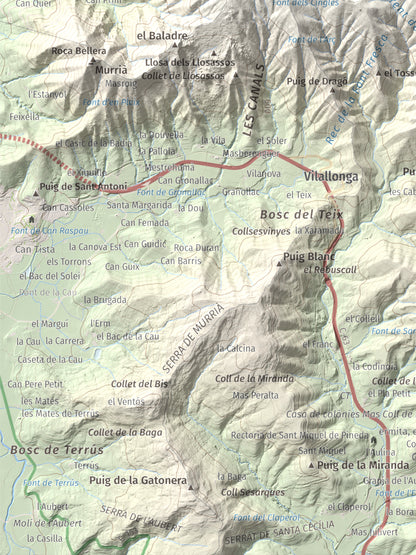 Mapa de relieve de Roca Lladre, 907 m, Garrotxa, lámina 100 Cims de Trobart. Detalle de la zona inferior izquierda. 30 × 40 cm.