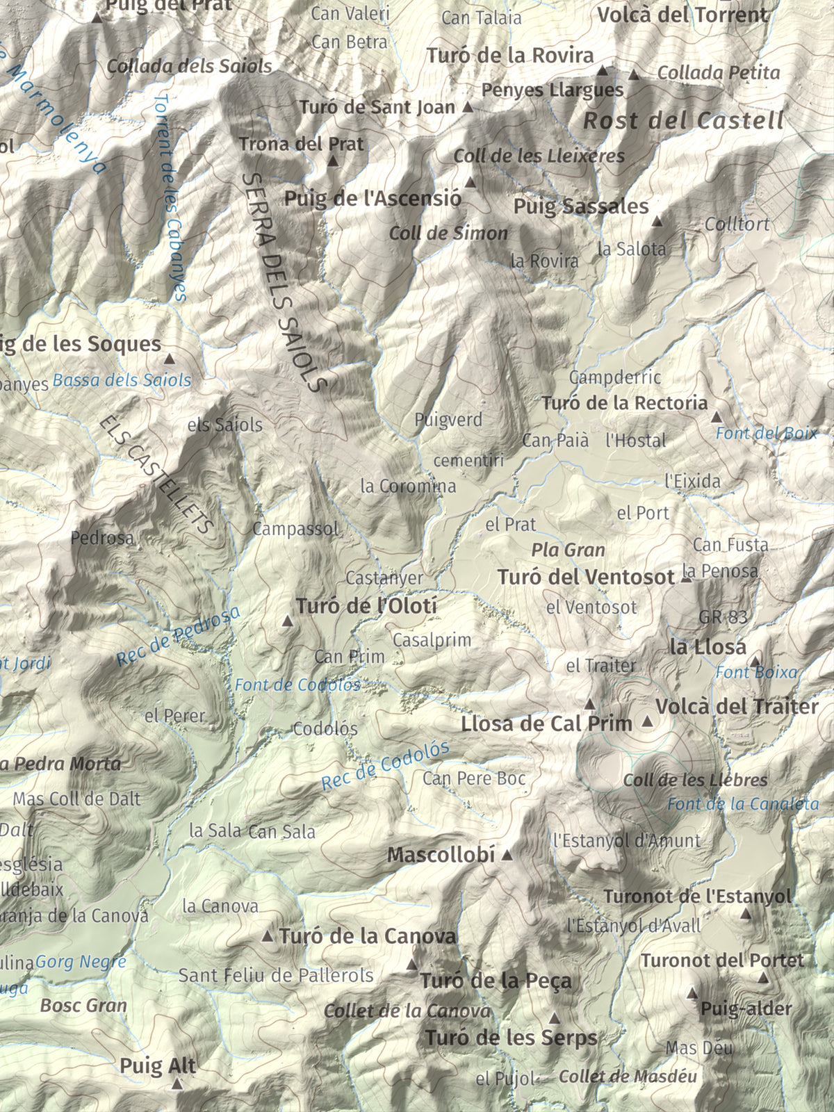 Mapa de relieve de Roca Lladre, 907 m, Garrotxa, lámina 100 Cims de Trobart. Detalle de la zona inferior derecha. 30 × 40 cm.