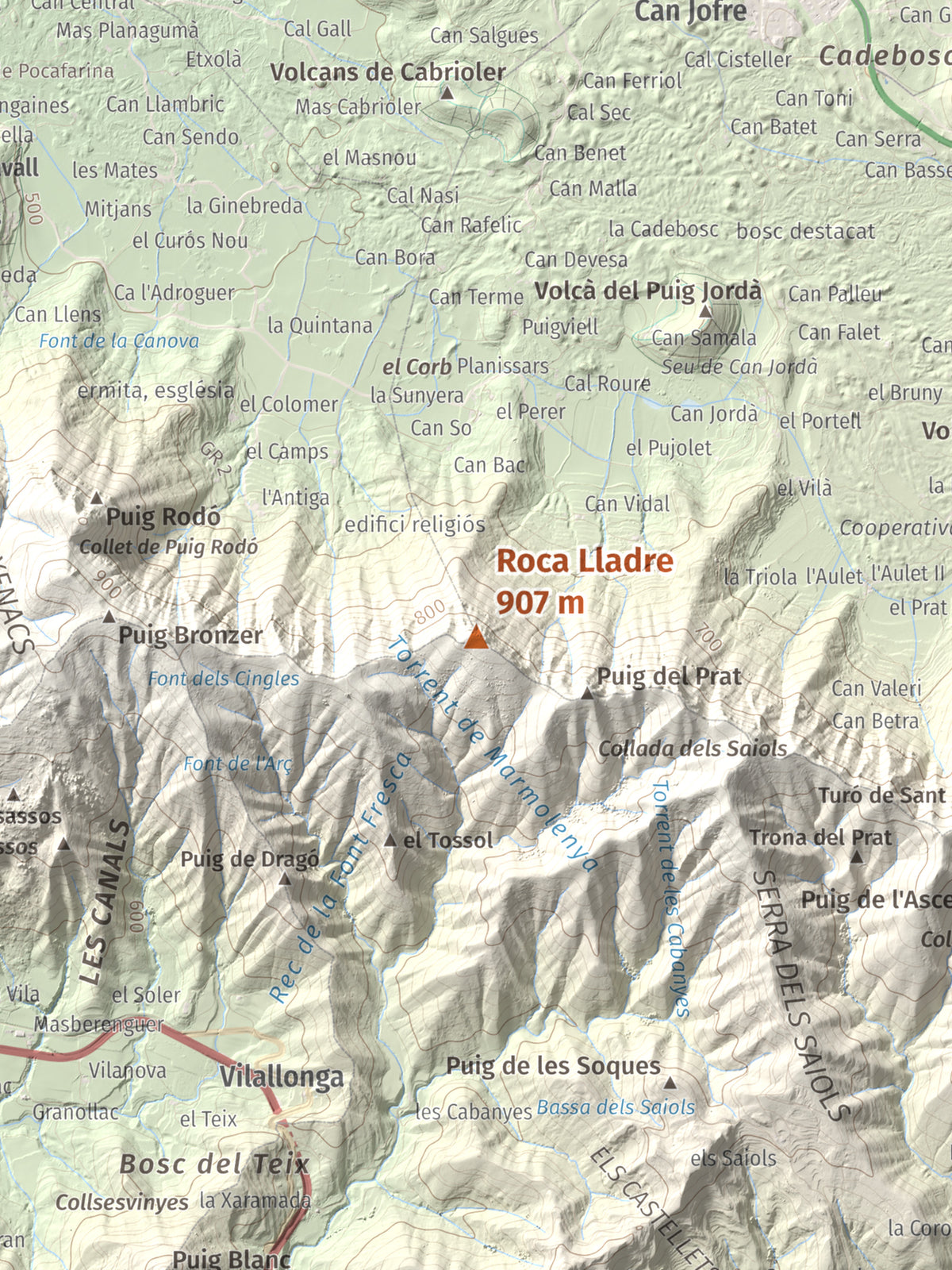 Mapa de relieve de Roca Lladre, 907 m, Garrotxa, lámina 100 Cims de Trobart. Detalle de la zona central. 30 × 40 cm.