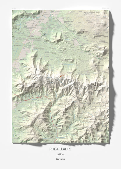 Mapa de relieve de Roca Lladre, 907 m, Garrotxa, lámina 100 Cims de Trobart 50 × 70 cm.