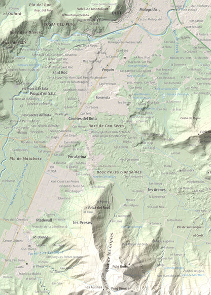 Mapa de relieve de Roca Lladre, 907 m, Garrotxa, lámina 100 Cims de Trobart. Detalle de la zona superior izquierda. 50 × 70 cm.