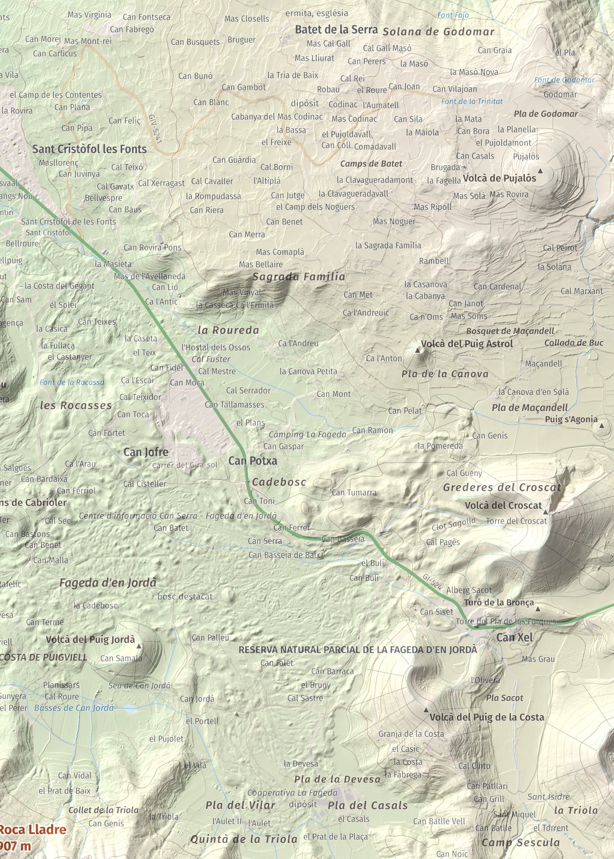 Mapa de relieve de Roca Lladre, 907 m, Garrotxa, lámina 100 Cims de Trobart. Detalle de la zona superior derecha. 50 × 70 cm.