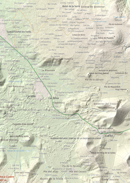 Mapa de relieve de Roca Lladre, 907 m, Garrotxa, lámina 100 Cims de Trobart. Detalle de la zona superior derecha. 50 × 70 cm.