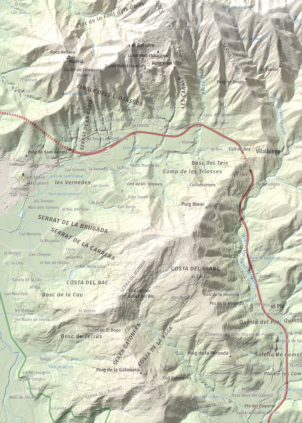 Mapa de relieve de Roca Lladre, 907 m, Garrotxa, lámina 100 Cims de Trobart. Detalle de la zona inferior izquierda. 50 × 70 cm.