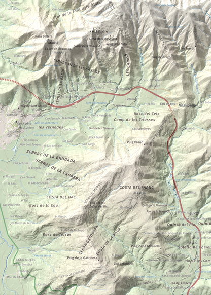 Mapa de relieve de Roca Lladre, 907 m, Garrotxa, lámina 100 Cims de Trobart. Detalle de la zona inferior izquierda. 50 × 70 cm.