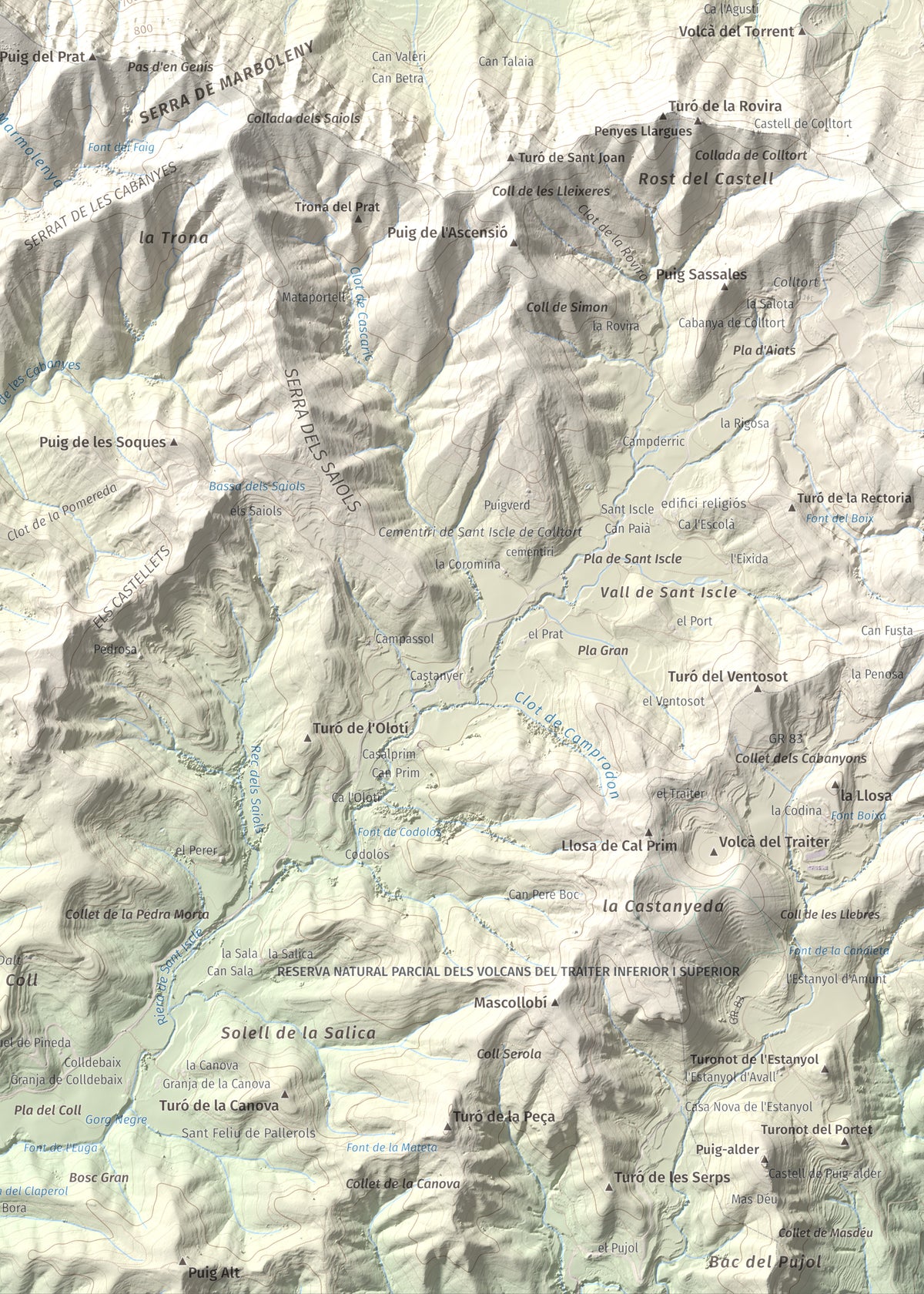 Mapa de relieve de Roca Lladre, 907 m, Garrotxa, lámina 100 Cims de Trobart. Detalle de la zona inferior derecha. 50 × 70 cm.