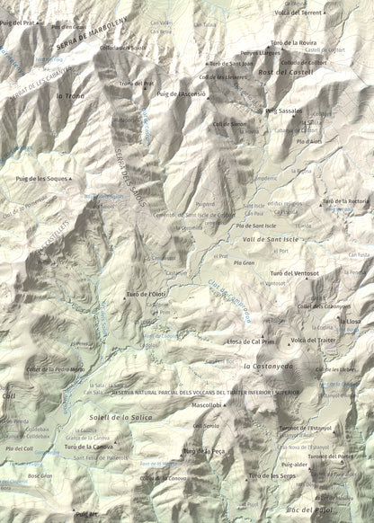 Mapa de relieve de Roca Lladre, 907 m, Garrotxa, lámina 100 Cims de Trobart. Detalle de la zona inferior derecha. 50 × 70 cm.