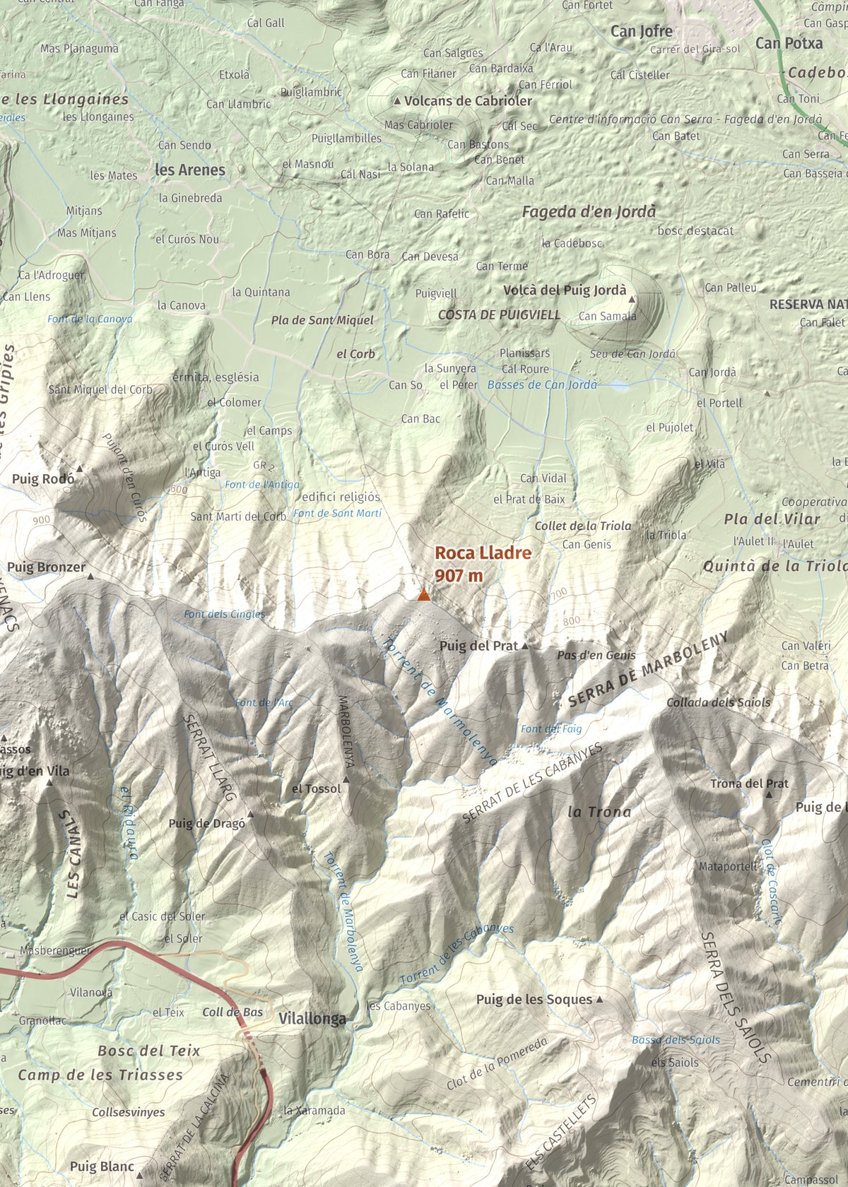 Mapa de relieve de Roca Lladre, 907 m, Garrotxa, lámina 100 Cims de Trobart. Detalle de la zona central. 50 × 70 cm.
