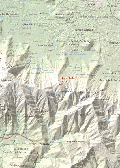 Mapa de relieve de Roca Lladre, 907 m, Garrotxa, lámina 100 Cims de Trobart. Detalle de la zona central. 50 × 70 cm.