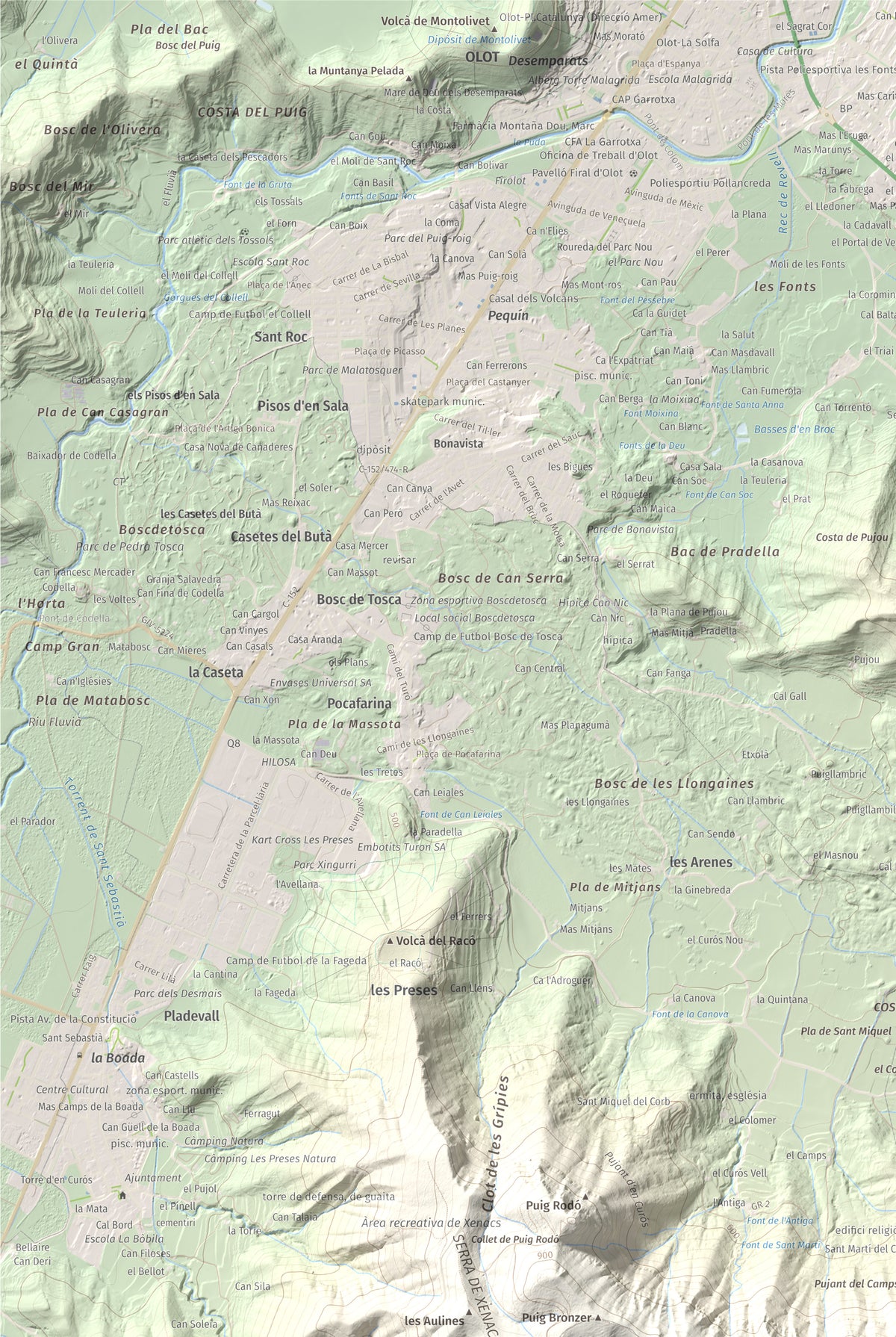 Mapa de relieve de Roca Lladre, 907 m, Garrotxa, lámina 100 Cims de Trobart. Detalle de la zona superior izquierda. 61 × 91 cm.