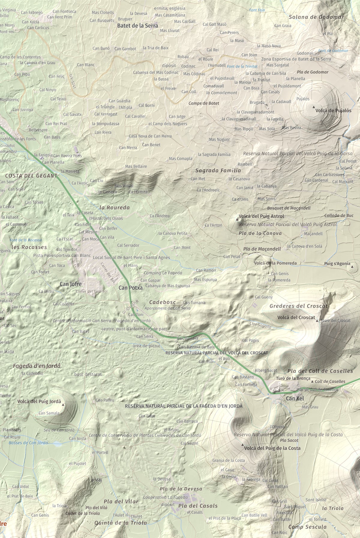 Mapa de relieve de Roca Lladre, 907 m, Garrotxa, lámina 100 Cims de Trobart. Detalle de la zona superior derecha. 61 × 91 cm.