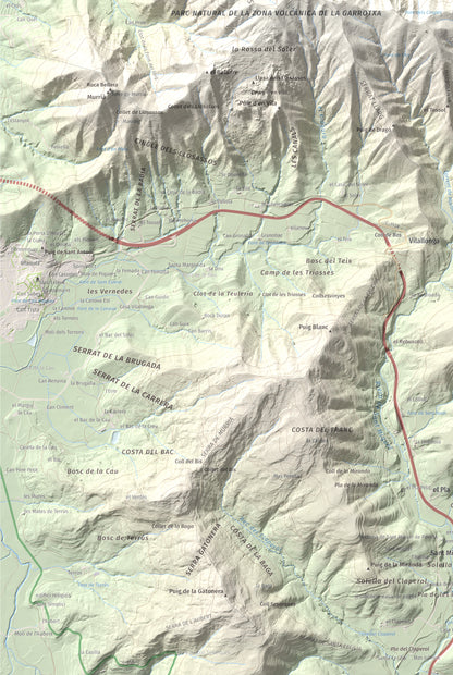 Mapa de relieve de Roca Lladre, 907 m, Garrotxa, lámina 100 Cims de Trobart. Detalle de la zona inferior izquierda. 61 × 91 cm.