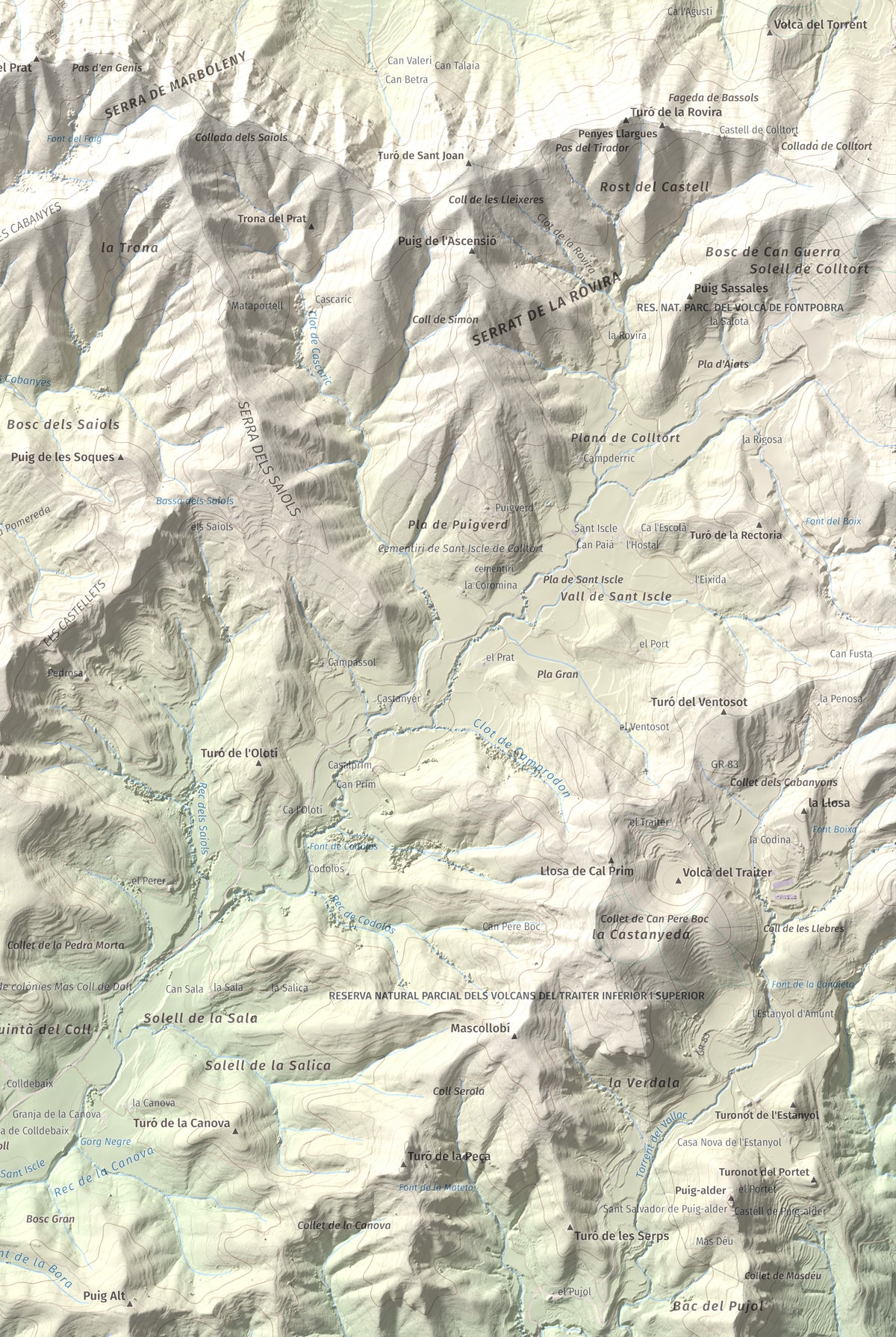 Mapa de relieve de Roca Lladre, 907 m, Garrotxa, lámina 100 Cims de Trobart. Detalle de la zona inferior derecha. 61 × 91 cm.