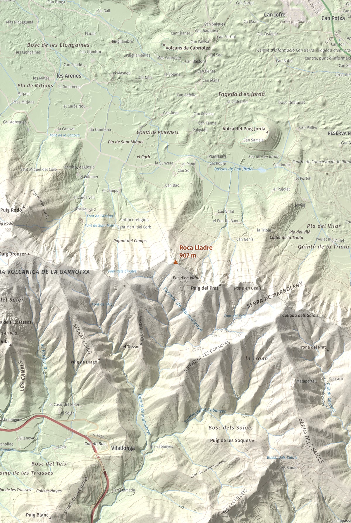 Mapa de relieve de Roca Lladre, 907 m, Garrotxa, lámina 100 Cims de Trobart. Detalle de la zona central. 61 × 91 cm.