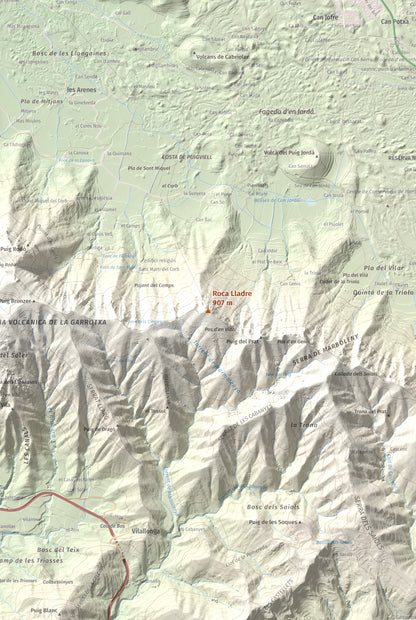 Mapa de relieve de Roca Lladre, 907 m, Garrotxa, lámina 100 Cims de Trobart. Detalle de la zona central. 61 × 91 cm.