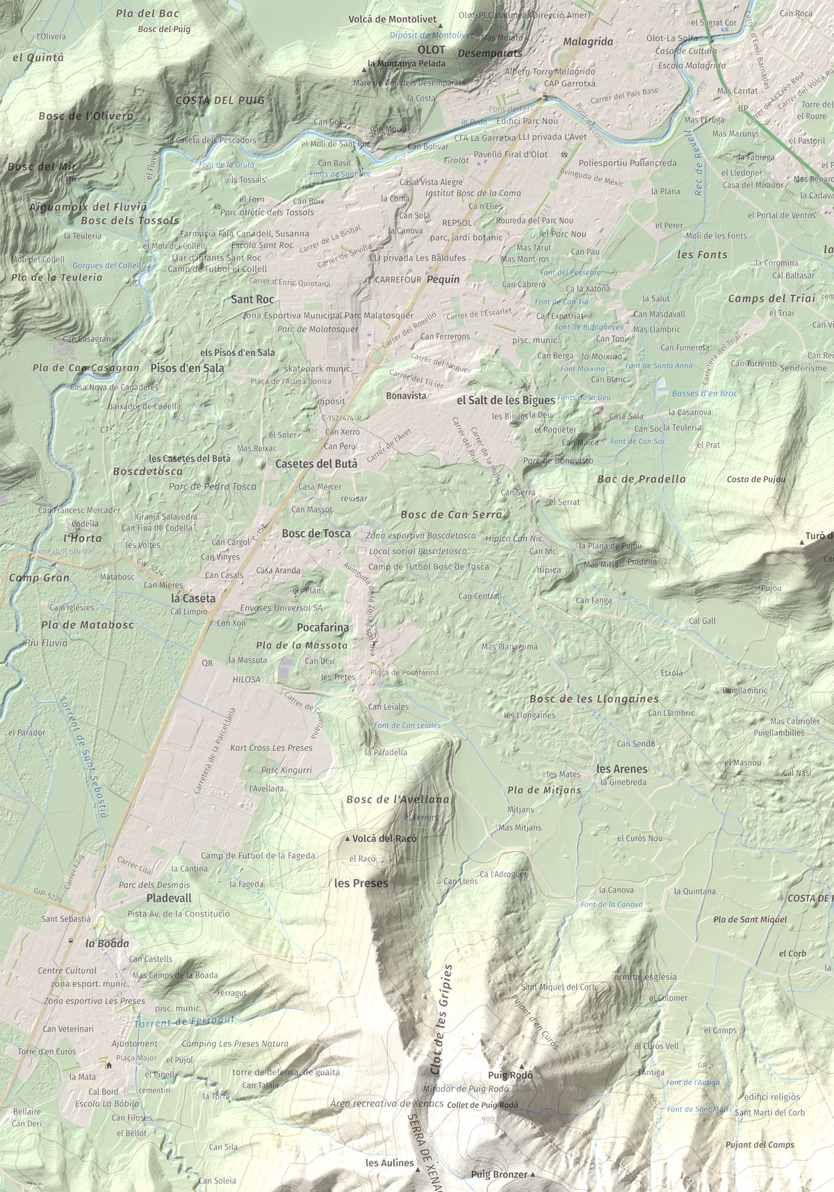Mapa de relieve de Roca Lladre, 907 m, Garrotxa, lámina 100 Cims de Trobart. Detalle de la zona superior izquierda. 70 × 100 cm.