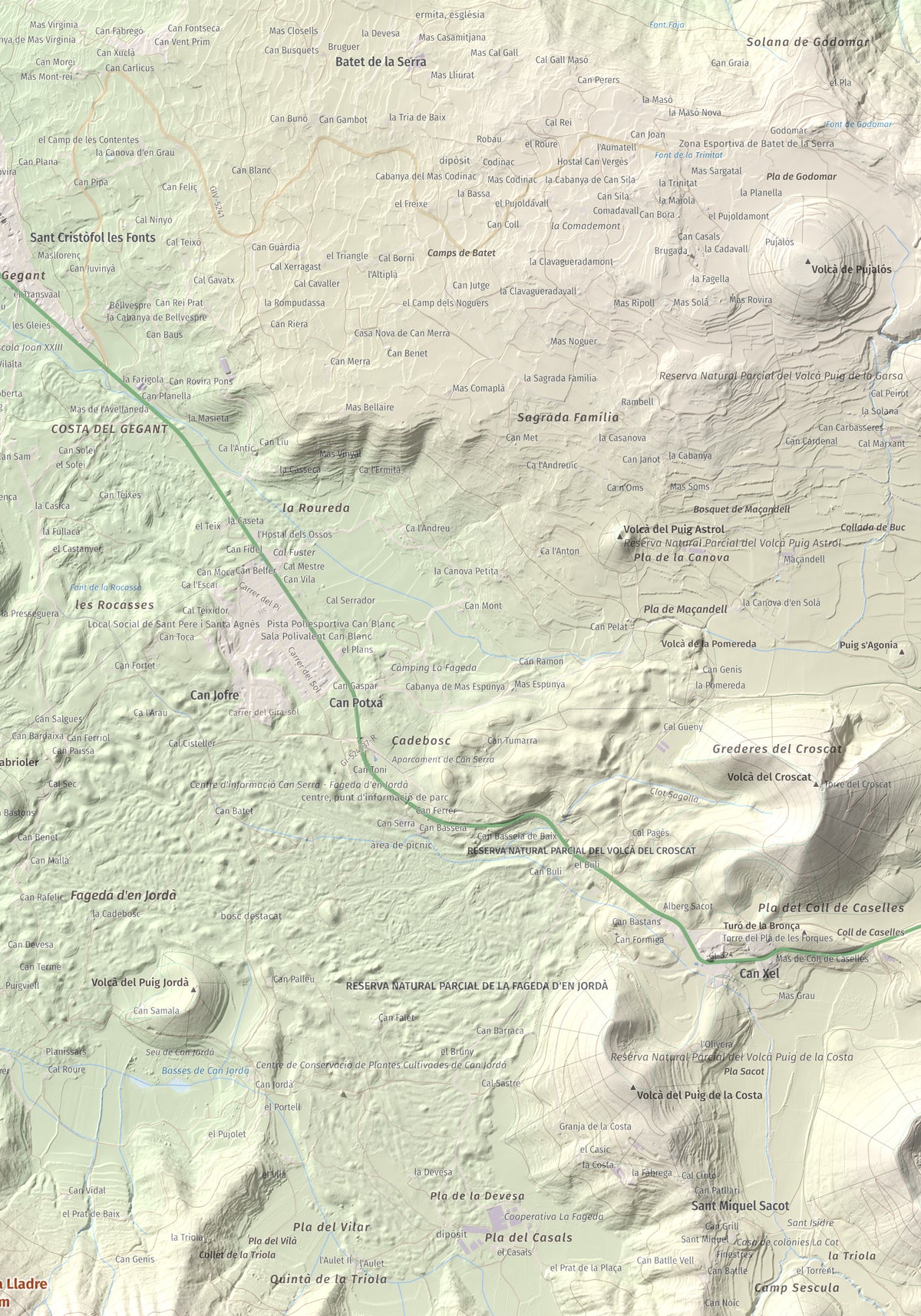 Mapa de relieve de Roca Lladre, 907 m, Garrotxa, lámina 100 Cims de Trobart. Detalle de la zona superior derecha. 70 × 100 cm.